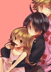  1boy 2girls araragi_koyomi bad_id bad_pixiv_id bakemonogatari black_eyes black_hair blonde_hair brown_eyes doughnut food highres long_hair makita_moyushi monogatari_(series) multiple_girls oshino_meme oshino_shinobu 