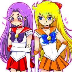  2boys aries_mu aries_muu bishoujo_senshi_sailor_moon blonde_hair blue_eyes blush bow cosplay crossdressing elbow_gloves facial_mark forehead_mark frown gloves grtfl_b hairbow long_hair male male_focus multiple_boys purple_eyes purple_hair sailor_mars sailor_mars_(cosplay) sailor_venus sailor_venus_(cosplay) saint_seiya trap virgo_shaka 