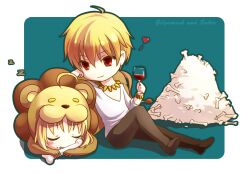  1boy ahoge alcohol animal_costume artoria_pendragon_(fate) blonde_hair bone chibi commentary_request fate/stay_night fate/tiger_colosseum fate_(series) female gilgamesh_(fate) heart jewelry necklace official_alternate_costume photoshop_(medium) red_eyes saber_lion short_hair sleeping wine xinya 