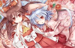  2girls animal_ears ascot bat_wings blue_hair blush bow brown_eyes brown_hair cat_ears commentary_request detached_sleeves flower hair_tubes hairbow hakurei_reimu jewelry kemonomimi_mode long_hair multiple_girls nazuka_(mikkamisaki) oerba_yun_fang pendant red_eyes red_flower red_rose remilia_scarlet rose short_hair touhou wings 