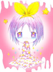  alternate_body_fluid blush bow colored_pencil_(medium) commentary female hairband hairbow hiiragi_tsukasa leica lucky_star melting open_mouth parody photoshop_(medium) portrait purple_hair short_hair solo sparkle star_(symbol) surreal traditional_media vomiting what yellow_bow yellow_hairband 