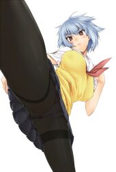  ben-tou black_pantyhose blue_hair breasts commentary_request covered_nipples crotch_seam female henkuma highres kicking large_breasts panties panties_under_pantyhose pantyhose pantyshot red_eyes short_hair solo standing thighband_pantyhose underwear yarizui_sen 