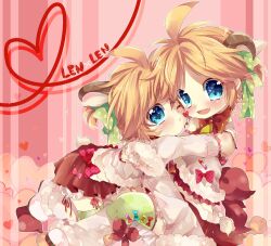  2boys bad_id bad_pixiv_id blonde_hair bloomers blue_eyes crossdressing dress dual_persona hair_ribbon heart hug kagamine_len male_focus multiple_boys open_mouth otoko_no_ko ribbon smile touyama_soboro underwear vocaloid 