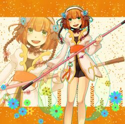  bad_id bad_pixiv_id bare_legs bike_shorts bow braid brown_hair coat covered_navel detached_collar female flower green_eyes hair_flower hair_ornament hair_ribbon hairband leia_rolando naomi_(miette) navel ribbon short_hair smile solo staff star_(symbol) tales_of_(series) tales_of_xillia twin_braids zoom_layer 