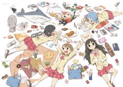  5girls aioi_yuuko american_flag argentinian_flag bag black_cat black_eyes black_hair blue_eyes blue_hair book brown_hair candy canine card chips_(food) circle_formation commentary_request crow_(nichijou) cube_hair_ornament czech_flag doughnut drawing feline flag flags_of_all_nations food glasses hair_ornament italian_flag japanese_flag kokeshi long_hair lying milk minakami_mai mudra multiple_girls naganohara_mio nichijou ok_sign on_back on_stomach open_mouth orange_hair paper plaid plaid_skirt playing_card potato_chips professor_shinonome pudding sakamoto_(nichijou) school_bag school_uniform senbei shark shinonome_nano short_hair skirt string_of_flags taiyaki tokisadame_school_uniform twintails ushi_(newrein) vitarka_mudra wagashi winding_key 