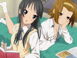  2girls :o akiyama_mio bad_id bad_pixiv_id bed bed_sheet black_hair blue_eyes blush book brown_eyes brown_hair girock hairband highres k-on! leg_up long_hair lying multiple_girls on_bed on_stomach open_book open_mouth ribbon sakuragaoka_high_school_uniform school_uniform short_hair sitting smile socks sweater_vest tainaka_ritsu 