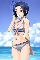  ahoge bare_shoulders blue_hair breasts cleavage cloud commentary_request day female front-tie_top idolmaster idolmaster_(classic) medium_breasts miura_azusa muhi11234 navel outdoors red_eyes short_hair skindentation sky solo swimsuit thigh_gap 