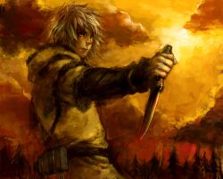  1boy blonde_hair commentary_request dagger highres knife male_focus manly nature realistic reverse_grip ruushii solo thorfinn vinland_saga weapon 