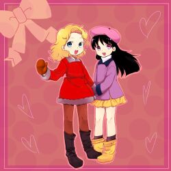  2girls animification bad_id bad_pixiv_id bare_legs bebe_stevens beret black_hair blonde_hair blue_eyes boots coat hat heart holding_hands long_hair mittens multiple_girls pantyhose purple_eyes rubber_boots shiozake skirt south_park wendy_testaburger 