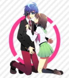  1boy blazer blue_hair brown_eyes brown_hair commentary_request eye_contact female green_eyes jacket kneeling looking_at_another mawaru_penguindrum necktie oginome_ringo photoshop_(medium) school_uniform serafuku short_hair soranagi takakura_shouma vest 