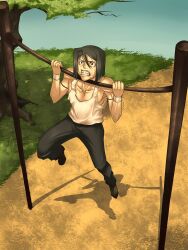  1boy amiba_(nerdamiba) black_hair bob_cut commentary exercising fate/zero fate_(series) full_body green_eyes horizontal_bar male_focus open_mouth parted_bangs pullups solo struggling sweat tank_top tree waver_velvet 