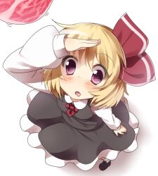  ascot bad_id bad_pixiv_id blonde_hair blush drooling female hair_ribbon looking_up open_mouth red_eyes ribbon rumia shirt short_hair skirt skirt_set solo supershiruco touhou vest 