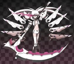  absurdres black_rock_shooter black_rock_shooter_(game) boots checkered_background commentary_request female highres kenneth_(qq) midriff navel photoshop_(medium) purple_eyes scythe solo twintails white_hair white_rock_shooter 