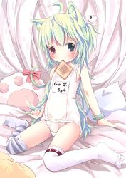  absurdres ahoge animal_ears asymmetrical_legwear bad_id bad_pixiv_id bed bed_sheet blue_eyes blush bone bracelet bread bread_slice cat_ears female fish food food_in_mouth green_hair heterochromia highres jewelry kneeling long_hair looking_at_viewer mismatched_legwear mouth_hold no_shoes on_bed one-piece_swimsuit original pillow red_eyes sakuraba_hikaru_(loveindog) school_swimsuit sitting solo striped swimsuit tail thighhighs toast toast_in_mouth very_long_hair wariza white_one-piece_swimsuit 