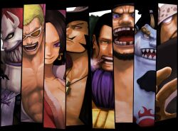  6+boys amazon_warrior bartholomew_kuma black_hair blonde_hair blue_skin boa_hancock cigar colored_skin column_lineup commentary_request crocodile_(one_piece) donquixote_doflamingo dracule_mihawk earrings facial_hair female fish_boy gecko_moria highres jewelry jinbe_(one_piece) male_focus marshall_d._teach missing_tooth monster_boy multiple_boys one_piece pendant purple_eyes red_hair scar sharp_teeth short_hair split_crop stitches sunglasses tattoo teeth white_skin yellow_eyes yoshida_takanori 