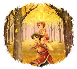  1boy autumn barefoot brown_eyes brown_hair carrying circlet commentary_request female gensou_suikoden gensou_suikoden_ii gloves hand_on_another&#039;s_head highres leaf lolicon photoshop_(medium) pilika_(suikoden) riou_(suikoden) scarf short_hair shoulder_carry smile sukimottsu tree 