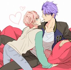  2boys a3! arm_support blue_eyes commentary_request denim eye_contact food heart hyodou_juuza jacket jeans letterman_jacket looking_at_another male_focus multiple_boys pants pink_hair pocky pocky_kiss protected_link purple_hair ryouko_(lovelovela) sakisaka_muku shared_food yaoi 