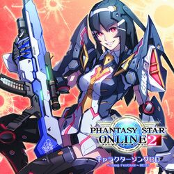  akikazu_mizuno android black_hair gun highres holding holding_weapon ionia_series lisa_(pso2) logo long_hair looking_at_viewer machine_gun orange_background pale_skin phantasy_star phantasy_star_online_2 red_eyes sitting smile solo thighhighs weapon 