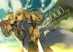  1boy agrias_oaks armor blonde_hair braid commentary_request english_text female final_fantasy final_fantasy_tactics knight long_hair ramza_beoulve short_hair single_braid sword tooka weapon 