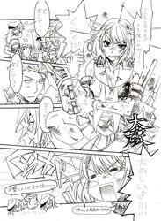  1boy 3girls admiral_(kancolle) anger_vein choukai_(kancolle) commentary_request greyscale kai_(akamekogeme) kantai_collection kiso_(kancolle) maya_(kancolle) military military_uniform monochrome multiple_girls naval_uniform neckerchief school_uniform serafuku translated uniform 