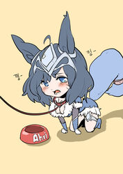  absurdres ahoge ahri_(league_of_legends) all_fours animal_ears blush bowl breasts chibi cleavage collar commentary dmdkrxmrrmq facial_mark female fur_trim highres league_of_legends midnight_ahri open_mouth pet_play photoshop_(medium) solo tail tears 