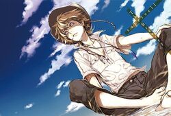  1boy album_cover barefoot brown_hair cover hat jewelry lowres male_focus midriff miwa_shirow necklace non-web_source original purple_eyes supercell_(band) water 