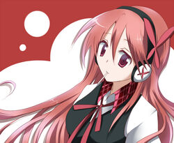  akame_ga_kill! bad_id bad_pixiv_id chelsea_(akame_ga_kill!) female hair_ornament headphones long_hair long_sleeves mouth_hold pink_hair plaid red_eyes solo yutori 