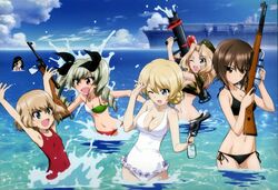  6+girls :d ;d \o/ aircraft_carrier anchovy_(girls_und_panzer) arms_up artist_request bikini black_bikini blonde_hair blue_eyes braid breasts brown_hair camcorder camouflage camouflage_bikini casual_one-piece_swimsuit cleavage cloud cloudy_sky darjeeling_(girls_und_panzer) day drill_hair flag_print frilled_one-piece_swimsuit frills garrison_cap girls_und_panzer green_hair hair_ribbon hat highres holding italian_flag italian_flag_bikini katyusha_(girls_und_panzer) kay_(girls_und_panzer) long_hair looking_at_another looking_at_viewer medium_breasts military military_vehicle multiple_girls navel nishizumi_maho nonna_(girls_und_panzer) ocean oerba_yun_fang official_art one-piece_swimsuit one_eye_closed open_mouth outdoors outstretched_arms print_bikini red_one-piece_swimsuit ribbon scan ship short_hair side-tie_bikini_bottom sky small_breasts smile splashing stomach swimsuit twin_drills twintails v-shaped_eyebrows video_camera wading warship water_gun watercraft white_one-piece_swimsuit zuikaku_(girls_und_panzer) 