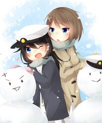  2girls :&gt; ;d alternate_costume blue_eyes brown_hair female_admiral_(kantai_collection) hair_ornament hat heart highres kantai_collection long_hair maya_(kantai_collection) multiple_girls one_eye_closed open_mouth peaked_cap satou_saya scarf school_uniform short_hair smile snow snowing snowman 