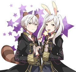  1boy animal_ears blush bridal_gauntlets brown_eyes commentary_request dual_persona female fire_emblem fire_emblem_awakening holding_hands interlocked_fingers kemonomimi_mode long_hair mario_(series) menoko rabbit_ears raccoon_ears raccoon_tail robe robin_(female)_(fire_emblem) robin_(fire_emblem) robin_(male)_(fire_emblem) short_hair smile star_(symbol) super_leaf_(transformation) super_smash_bros. tail twintails wand white_hair 