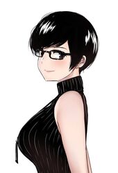  alone bare_shoulders black-framed_eyewear black-framed_glasses black_dress black_hair breasts commentary crimson_eyes dress earring female female glasses highres large_breasts original short_hair sideboob simple_background solo white_background 