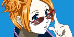  adjusting_eyewear blue_background blue_eyes commentary_request female finger_on_eyewear kinoko_(soratake) lowres open_mouth orange_hair partial_commentary pokemon pokemon_colosseum red-framed_eyewear rui_(pokemon) short_hair simple_background solo sunglasses 