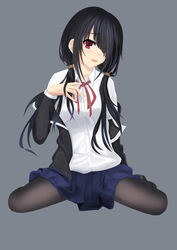  absurdres bad_id bad_pixiv_id black_hair blazer blush breasts dalan date_a_live female full_body hair_over_one_eye hairband highres jacket long_hair looking_at_viewer medium_breasts pantyhose raizen_high_school_uniform red_eyes red_ribbon ribbon school_uniform shirt shoes simple_background sitting skirt solo thighs tokisaki_kurumi twintails very_long_hair 