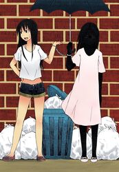  2girls bad_id bad_pixiv_id black_hair brick_wall cross-laced_footwear cuffs cyclops dress hand_on_own_hip handcuffs horror_(theme) ichiba_youichi kitsu_chiri kitsu_tane loafers long_hair multiple_girls one-eyed parted_bangs running_bond sayonara_zetsubou_sensei shirt shoes short_shorts shorts siblings silhouette sisters standing t-shirt trash_bag trash_can umbrella wall 