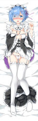  :d absurdres aokihoshi bed_sheet blue_eyes blue_hair blush breasts commentary_request detached_sleeves female garter_straps hair_ornament hair_over_one_eye hairpin highres long_legs looking_at_viewer lying maid maid_headdress medium_breasts open_mouth panties photoshop_(medium) re:zero_kara_hajimeru_isekai_seikatsu rem_(re:zero) roswaal_mansion_maid_uniform short_hair smile solo thighhighs underwear white_thighhighs 