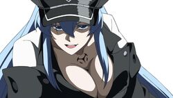  akame_ga_kill! blue_eyes blue_hair breasts cleavage colored_eyelashes esdeath esdese female hat highres large_breasts long_hair military military_uniform open_mouth peaked_cap simple_background uniform very_long_hair white_background 