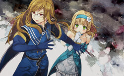  1boy angry bare_shoulders belt blonde_hair blue_choker blue_hairband blush brown_hair choker coat commentary_request dress female flower fu_(38wasure) glasses gloves green_eyes hair_flower hair_ornament hairband jade_curtiss long_hair natalia_luzu_kimlasca_lanvaldear natalia_luzu_kimlasca_lanvaldear_(beloved_princess) official_alternate_costume red_eyes short_hair tales_of_(series) tales_of_the_abyss 