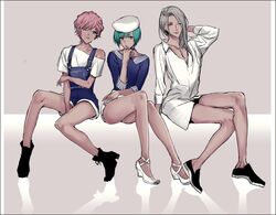  3boys a3! aqua_hair choker commentary_request girly_boy hand_in_own_hair high_heels kitazawa_k legs looking_at_viewer male_focus multiple_boys off_shoulder one_eye_closed otoko_no_ko overalls pink_hair rurikawa_yuki sakisaka_muku short_hair short_shorts shorts smile yukishiro_azuma 