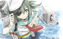  adjusting_clothes adjusting_headwear commentary_request eyepatch female green_hair hair_between_eyes hat kai_(akamekogeme) kantai_collection kiso_(kancolle) long_hair looking_at_viewer looking_up neckerchief school_uniform serafuku solo standing standing_on_liquid twitter_username 