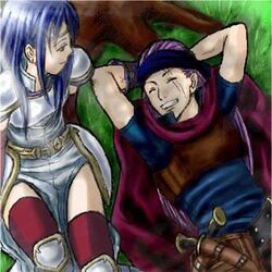  armor arms_behind_head blue_eyes blue_hair cape cloak closed_eyes couple elbow_gloves fire_emblem fire_emblem:_rekka_no_ken fire_emblem_blazing_sword gloves grass hand_behind_head hands_behind_head happy headband isadora knife knight legault long_hair lying on_back purple_hair scar single_glove sitting smile sunlight thighhighs tree weapon 