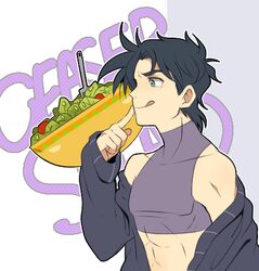  1boy black_hair blue_eyes commentary_request crop_top finger_to_mouth jojo_no_kimyou_na_bouken joseph_joestar joseph_joestar_(young) licking_lips lowres male_focus midriff morphin_e off_shoulder salad sleeveless sleeveless_turtleneck solo toned toned_male tongue tongue_out turtleneck 