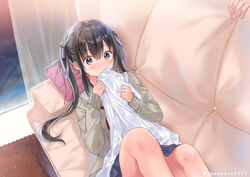  artist_name black_hair blue_eyes blue_ribbon blue_skirt commentary_request couch curtains female hair_between_eyes hair_ribbon hanekoto imouto_(hanekoto) indoors long_hair long_sleeves looking_at_viewer neckerchief no_mouth on_couch original red_neckerchief ribbon school_uniform serafuku skirt smelling solo_focus twitter_username 