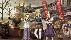  3boys 4girls afro alternate_vehicle armband backpack bag bayonet black_hair blonde_hair blue_eyes bob_cut braid brown_hair caterpillar_tracks commentary_request cross flag germany glasses green_eyes gun imperial_japanese_army iron_cross jagdpanzer_38(t) japan japanese_flag katana kiseru laundry military military_vehicle monpe motor_vehicle multiple_boys multiple_girls nazi open_mouth original photoshop_(medium) pointing ribbon rising_sun_flag school_uniform serafuku smoking smoking_pipe soldier sunburst swastika sword tank tank_destroyer thighhighs translated tree turretless_tank twin_braids uzi_(kei_t_drawing) war weapon world_war_ii 