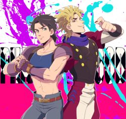  2boys blonde_hair blue_eyes brown_hair commentary_request dio_brando jojo_no_kimyou_na_bouken jonathan_joestar midriff morphin_e multiple_boys phantom_blood red_eyes 