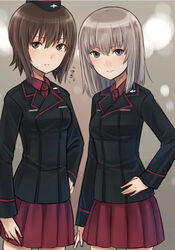  2girls bad_id bad_pixiv_id black_jacket blue_eyes blush brown_eyes brown_hair dress_shirt garrison_cap girls_und_panzer grey_hair hat itsumi_erika jacket kuromorimine_military_uniform long_hair long_sleeves looking_at_viewer military military_uniform miniskirt multiple_girls nishizumi_maho pleated_skirt red_shirt red_skirt shirt short_hair skirt smile standing umasanjin uniform 