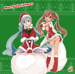  2girls :d alternate_costume aqua_hair ashiya_hiro ass bell between_legs blush boots bow bowtie breasts capelet christmas commentary_request cosplay dark-skinned_female dark_skin dated dress elbow_gloves english_text full_body fur_collar fur_trim gloves green_bow green_bowtie hair_between_eyes hair_ornament hairbow hand_between_legs hat highres holly kantai_collection kiyoshimo_(kancolle) knee_boots kuma_(kancolle) kuma_(kancolle)_(cosplay) legs_apart libeccio_(kancolle) long_hair looking_at_viewer looking_back low_twintails mittens multiple_girls open_mouth outline panties pantyhose pantyshot pixel_art purple_eyes purple_legwear red_dress red_footwear red_gloves red_hat red_mittens sack santa_boots santa_costume santa_hat short_dress sideboob signature sitting small_breasts smile standing tareme twintails underwear v_arms very_long_hair wariza white_panties yellow_bow 