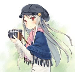  cabbie_hat camera capelet commentary_request female hat holding long_hair long_sleeves original pink_scarf poco_(asahi_age) red_eyes scarf shirt sidelocks smile solo strap tassel white_hair white_shirt yukimi_(poco) 