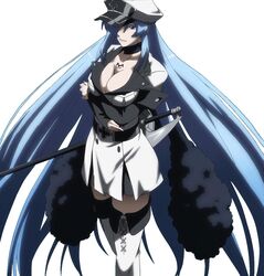  akame_ga_kill! aqua_hair blue_eyes blue_hair boots breasts cleavage esdeath esdese female hair_over_one_eye hat highres large_breasts long_hair looking_at_viewer military military_uniform peaked_cap simple_background skirt solo standing sword thigh_boots thighhighs thighs uniform very_long_hair weapon white_background white_legwear 