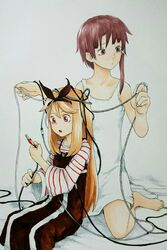  2girls :o absurdres bare_arms barefoot blonde_hair brown_eyes brown_hair cable camisole creator_connection crossover dress hair_ornament hair_ribbon hairclip highres iwakura_lain long_hair long_sleeves looking_away multiple_girls open_mouth pinafore_dress red_eyes ribbon ryushika ryushika_ryushika serial_experiments_lain shirt short_hair sidelocks sitting sleeveless sleeveless_dress striped_clothes striped_shirt wariza yasu_(shijimi_8) 