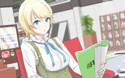  blonde_hair blue_eyes book bottle coffee commentary_request earrings eire_(sai_fuji) female fire_emblem jewelry open_mouth short_hair sitting solo tokyo_mirage_sessions_fe underbust yumizuru_eleanora 